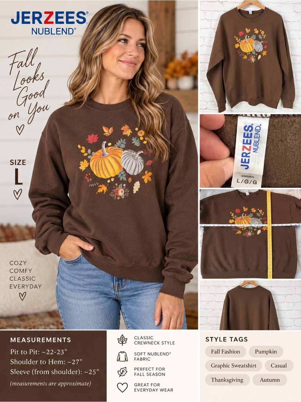 Pumpkin Graphic Sweater sweatshirt size large fall brown Cottagecore crewneck